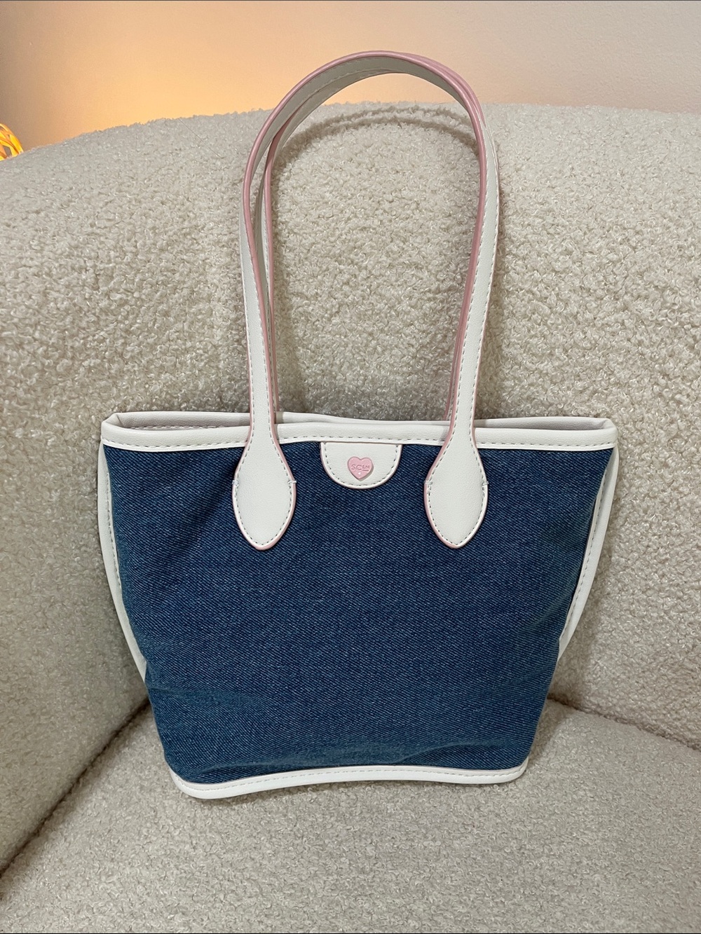 Stoney Clover Lane Mini Denim & Pink Tote Limited Edition NWOT White Leather